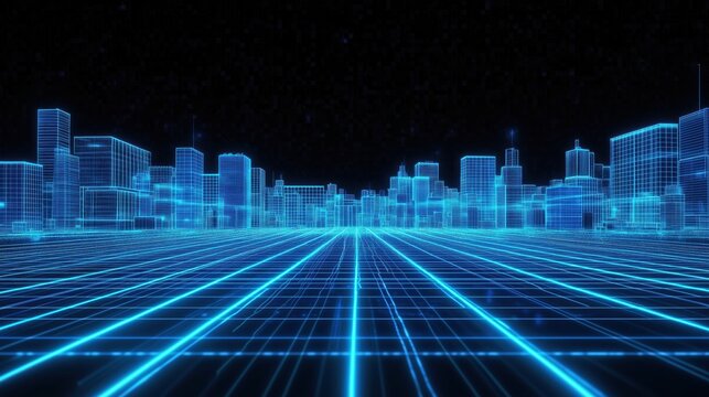 Cyberpunk style wireframe city landscape, full of futuristic sense
