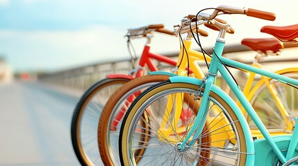 Fototapeta premium Three Colorful Bicycles Parked on a Sunny Bridge