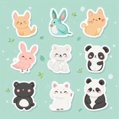 Cute cartoon animal sticker pack featuring playful cats, dogs, bunnies, pandas, and birds on a soft pastel background