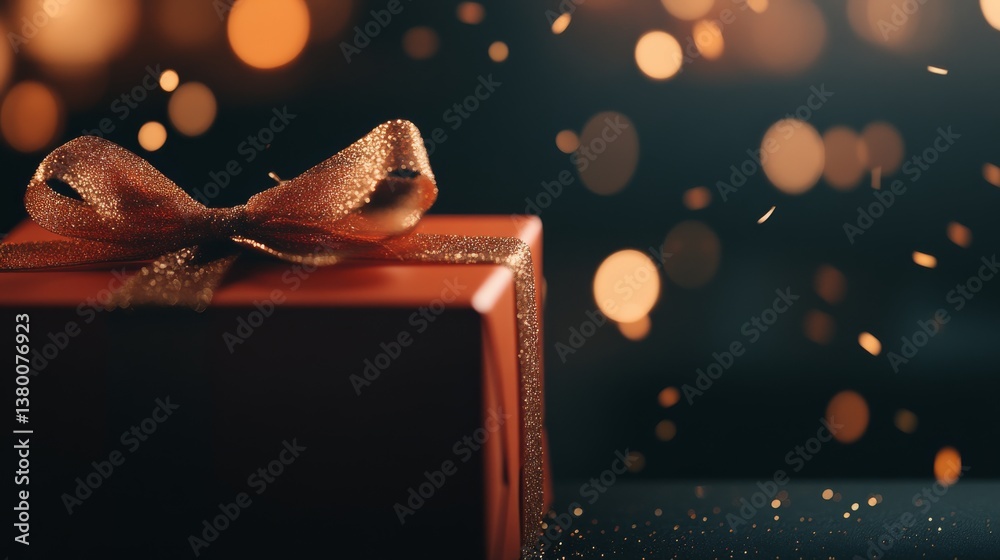 Poster Close-up view of a red gift box elegantly tied with a golden ribbon placed on a sleek black surface, complemented by a shimmering bokeh background