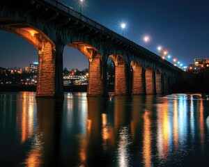 Henley Street Bridge in Knoxville City. Night Lights Reflecting on Tennessee River