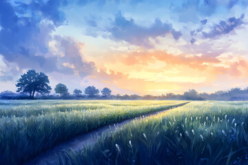 Awakening Horizon: A Peaceful Dawn Over an Expansive Field with Glistening Grasses and Silhouetted Trees