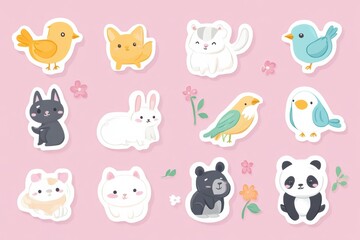 Obraz premium Cute cartoon animal sticker pack featuring colorful cats, dogs, bunnies, pandas, and birds on a pastel background for creative fun