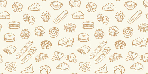 Pastry pattern, seamless background with hand drawn bakery products.