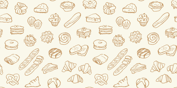 Pastry pattern, seamless background with hand drawn bakery products.