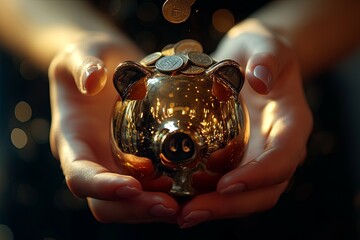 A person holding a golden piggy bank receiving coins