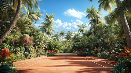 Tennis court nestled amid tropical jungle vegetation, lush scenery, blue sky