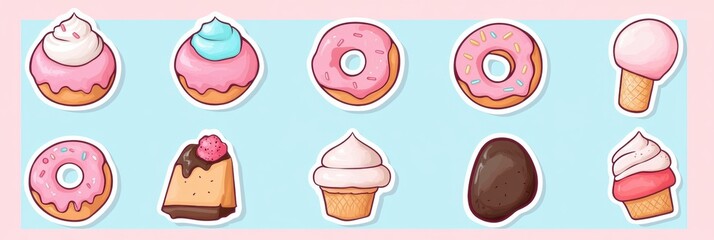 Cute dessert sticker set featuring donuts, ice cream, cookies, and sweets on a pastel background that enhances any stationery collection