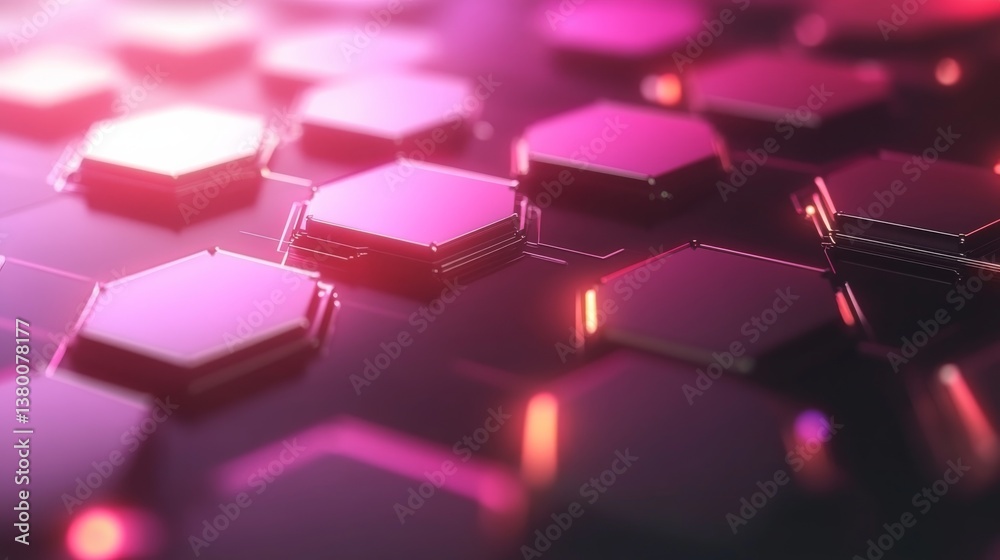 Poster A sleek infographic primarily featuring hexagonal nodes and glowing pathways illustrates the advancements in blockchain technology and finance innovation