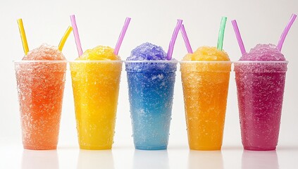 Five colorful frozen treats in clear cups with straws. Refreshing summer drinks!