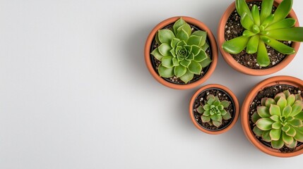 Obraz premium Overhead View of Succulents in Terracotta Pots on White Textured Surface