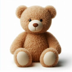 Fototapeta premium Charming teddy bear with a fluffy texture, sitting comfortably against a plain white background.