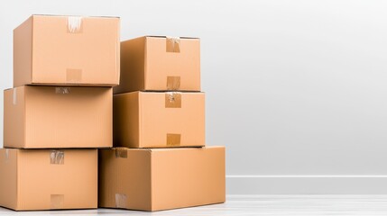 Fototapeta premium Stacked Cardboard Boxes Against a Light Gray Wall