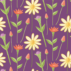 Seamless Pattern of Vibrant Spring Flowers on Purple Background