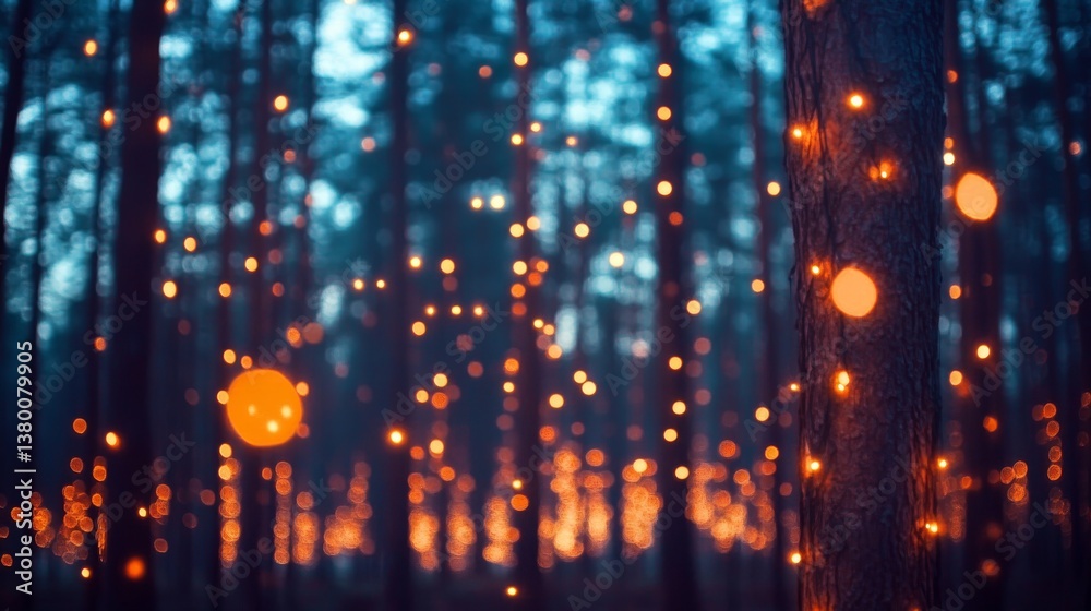 Aufkleber a wide-angle view of an enchanting forest illuminated by soft lights, capturing the magic of nature 
