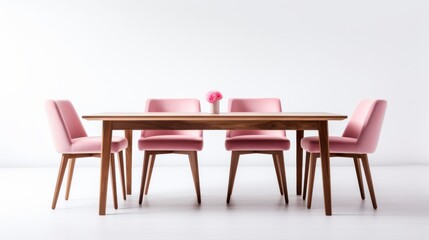 A wooden dining table is surrounded by four stylish pink chairs. A single flower in a vase is placed in the center, creating a cozy and inviting atmosphere in a modern, isolated environment
