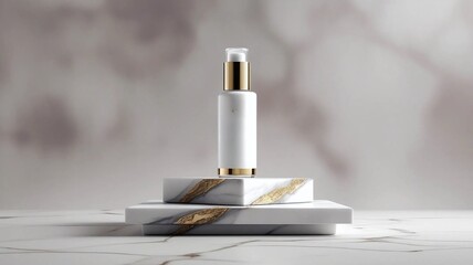 minimalist cosmetic product display, white cylindrical bottle with gold cap. Perfect mockup for your brand.