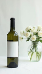 A modern studio shot of a wine bottle with a blank white label and a vase of white flowers on a white surface.

