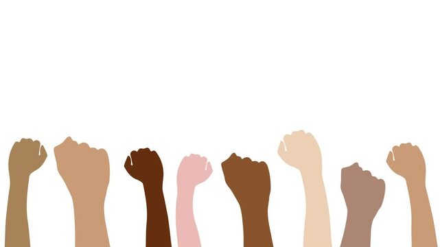 hands of the persons raising, multiracial different race hands gestures with fist raising or shouting against inequality, justice, freedom , Unity in protest hand gesture, Hands for equal rights symbo