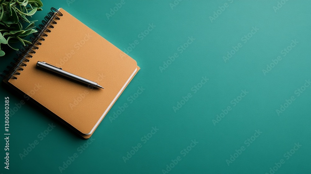 Poster bright pastel school supplies encircle a neatly closed notebook with a pen laid across the top, crea