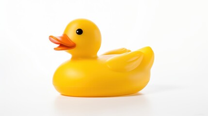 A bright yellow rubber duck floats gently, featuring a classic design with a cheerful expression. Its smooth surface reflects light, making it a fun addition for bath time or playful decor