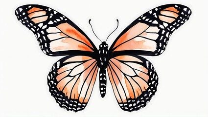 clipart, watercolour, monarch butterfly with delicate colours and lines, isolated on white background.