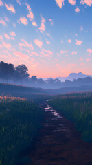 Awakening Horizon: A Peaceful Dawn Over an Expansive Field with Glistening Grasses and Silhouetted Trees