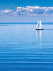Lone sailboat with white sails gliding on a serene blue sea, set against a backdrop of fluffy white clouds in a vibrant blue sky
