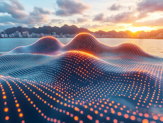 Sunset over city, digital landscape, network concept, website banner
