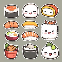 Cute sticker icons featuring sushi, ramen, onigiri, and bento boxes showcasing kawaii Japanese aesthetic design elements