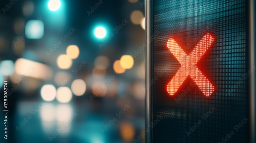 Poster close-up view of a digital hologram featuring a vibrant red x mark on a transparent surface, complem