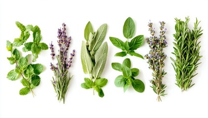 Fresh herbs arranged in a horizontal row.  Colorful sprigs of culinary herbs, including mint, lavender, rosemary, and sage, displayed against a plain white background