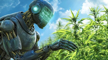 Futuristic Robot Examining Cannabis Plant in Sunny Field