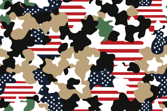 Vector seamless camo US army patriotic stars and stripes fatigue pattern design. American flag camouflage. 4th of July seamless pattern design