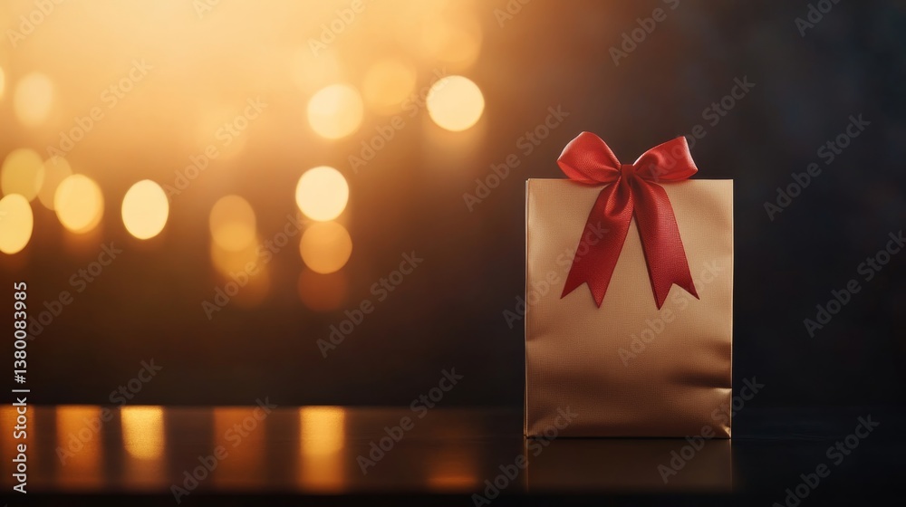 Poster a gold gift bag adorned with a bright red bow sits on a reflective surface, complemented by warm yel