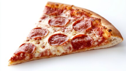 Single slice of classic pepperoni pizza with melted cheese isolated on white background