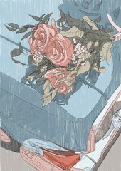 rose roses on retro blue car 
