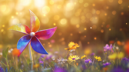 A colorful pinwheel spins joyfully in a sunny meadow, embodying the playful spirit of International Children's Day.