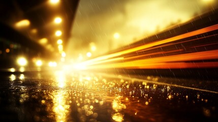 Obraz premium A low-angle wide shot captures a rain-soaked urban street at night, featuring reflections from streetlamps and vibrant car headlights creating an atmospheric glow
