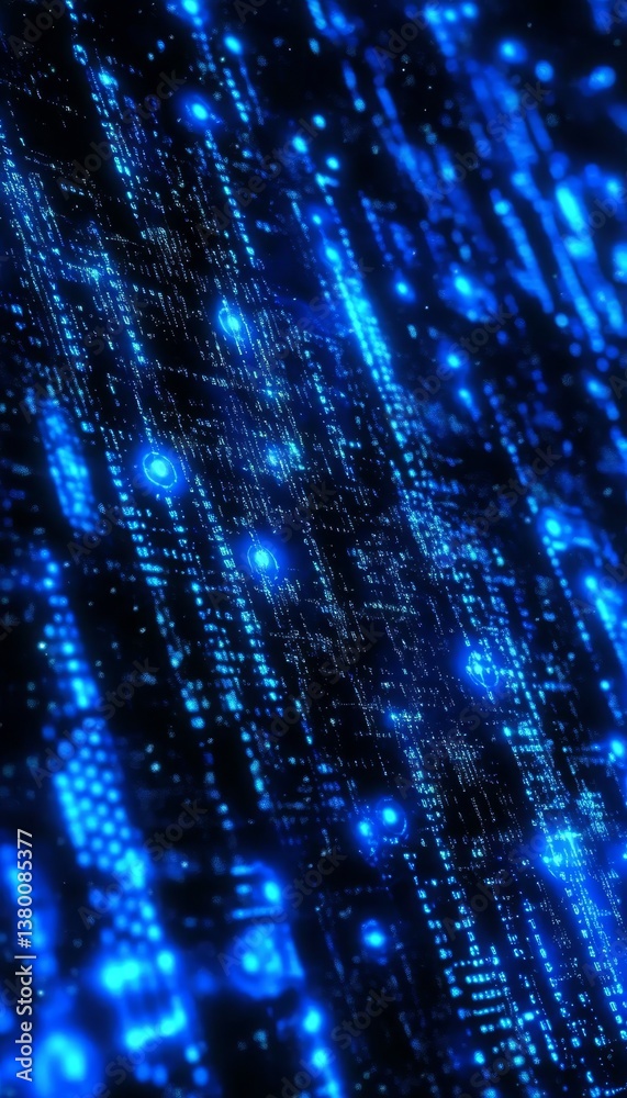 Poster blue binary code data flowing down, digital information technology on black background