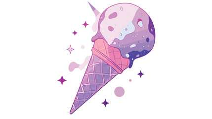Whimsical pink and purple ice cream cone with stars and drips on white background flat vector illustration