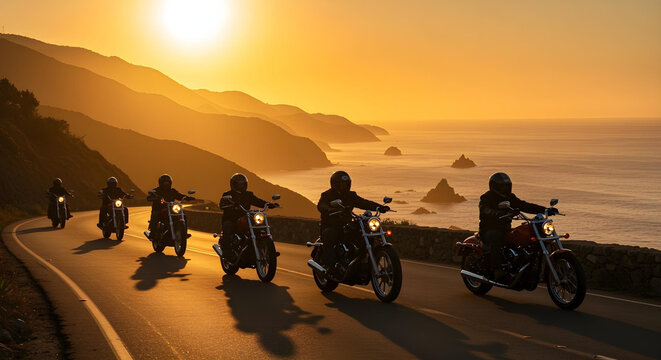 Chopper-style motorcycle riders cruise along a mountain road, their silhouettes against a sunset, evoking freedom and adventure.

