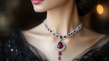Elegant ruby necklace showcase luxurious setting high-quality image glamorous environment close-up perspective