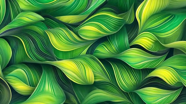 A seamless vector pattern of abstract wavy leaf veins, inspired by topographic line art, in bright greens