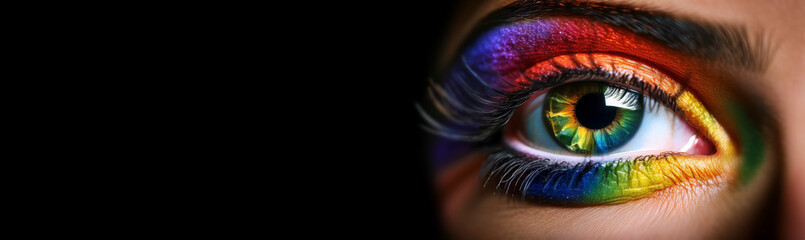 Extreme close-up of the eye of young woman with the rainbow colors, isolated on dark black background with copy space. Colors vision, gay LGBTQ pride concept. Banner, template. Generative Ai.