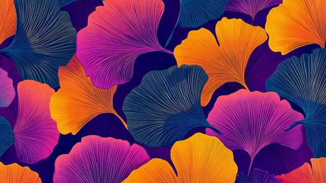 A modern vector pattern of ginkgo leaves with intricate contours on a vibrant background.