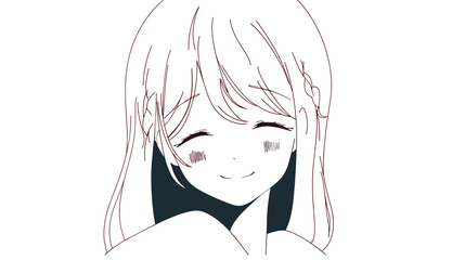 Smiling anime girl with long hair and closed eyes in minimalist style flat vector illustration