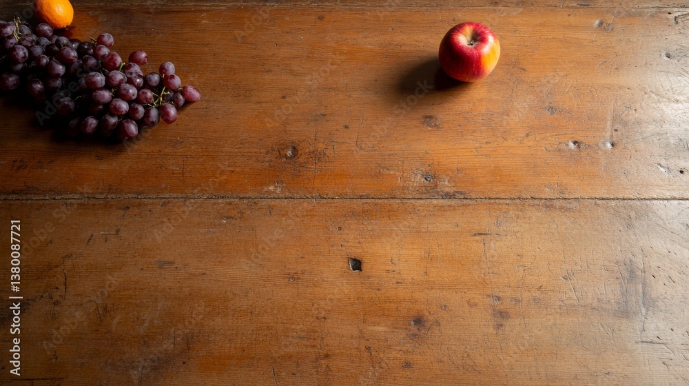 Poster a vibrant red apple stands out on a rustic wooden table, surrounded by fresh grapes and oranges, ill