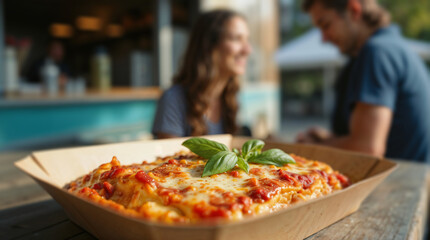 Lasaña vegana con queso derretido y albahaca servida en plato ecológico