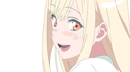 Anime character with blonde hair and pink eyes, smiling expression, light background flat vector illustration